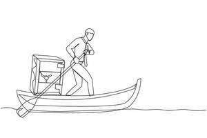 kontinuerlig ett linje teckning affärsman segling bort på båt med säker metall deposition låda. oväntat finansiell möjligheter, kreditera, Bank deposition skydd. enda linje design vektor illustration