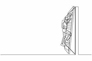 kontinuerlig ett linje teckning av astronaut klättrande upp de vägg med stege i måne yta. rymdskepp expedition företag hinder. kosmonaut yttre Plats. enda linje grafisk design vektor illustration