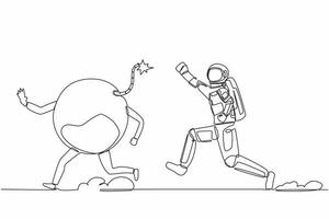 Single kontinuierlich Linie Zeichnung Astronaut Lauf jagen Bombe im Mond Oberfläche. geschlossen Raumschiff Unternehmen fällig zu explodiert finanziell Krise. Kosmonaut tief Raum. einer Linie Design Vektor Grafik Illustration