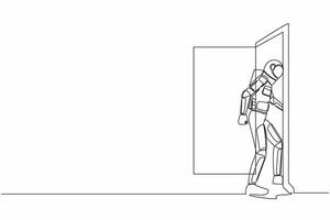 Single einer Linie Zeichnung jung Astronaut tritt ein Zimmer durch Tür. Raumfahrer Gehen zu geöffnet Tür. beginnend Neu Tag beim Büro. kosmisch Galaxis Raum. kontinuierlich Linie Grafik Design Vektor Illustration