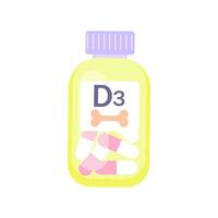 vitamin d3 flaska. näringsämne bristfällig. platt vektor illustration. medicin diet, hälsa vård begrepp för baner, hemsida design.