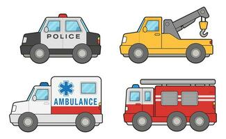 Spielzeug Autos Illustration. Polizei, Krankenwagen, Abschleppen LKW, Feuerwehrauto. vektor