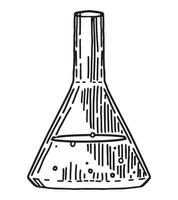 laboratorium flaska med flytande klotter. kemi eller biologi glas, utbildning, experimentera översikt klämma konst. hand dragen vektor illustration isolerat på vit.