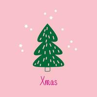 jul träd kort hand dragen platt vektor illustration. dragen i minimalistisk stil gran, snöflingor och text, bakgrund mall för Grattis med vinter- högtider, design, förpackning, affisch