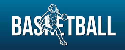 silhuett basketboll kvinna spelare verkan med basketboll font design tecknad serie sport grafisk vektor