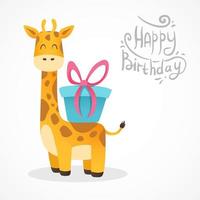kindliche süße Cartoon-Postkarte mit Giraffe und Geschenk vektor