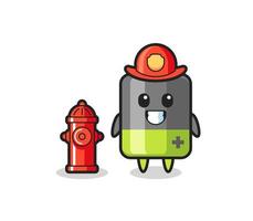Maskottchen-Charakter der Batterie als Feuerwehrmann vektor