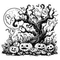 svart silhuett hanuterad gammal träd halloween firande med spöke och pumpa vektor