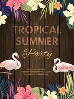 tropisch Sommer- Flyer und Poster Design wuth Flamingo und Hibiskus Blumen und Palme Blätter vektor