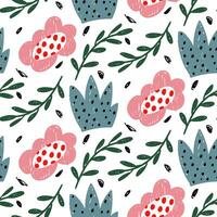 bunt Illustration von ein nahtlos Blumen- Muster. Hintergrund mit Blumen- Kritzeleien im Kinder- Stil, komisch mit Basic Formen von Natur. abstrakt Formen von Blumen, Blätter, Gebüsch. Schraffur. Rosa vektor