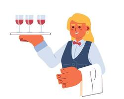 caucasian ung vuxen kvinna vin server 2d tecknad serie karaktär. europeisk servitris tjänande bricka isolerat vektor person vit bakgrund. värdinna vänlig med vin glasögon Färg platt fläck illustration