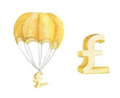 Heißluftballon mit goldenem Pfund. Aquarellillustration. vektor