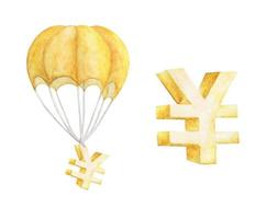 Heißluftballon mit goldenem Yen. Aquarellillustration. vektor