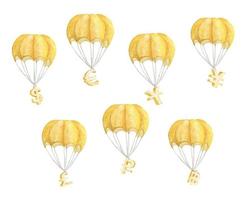 uppsättning varmluftsballong med valutasymboler. akvarell illustration.
