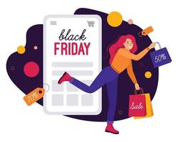 Frau beim Online-Shopping am schwarzen Freitag auf dem Smartphone vektor