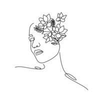 huvud kvinnor med bukett blomma i linje konst vektor