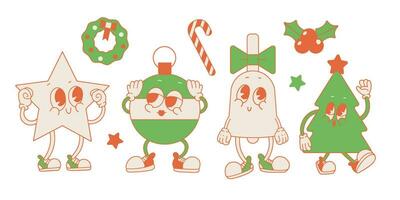glad jul retro samling av duotone 80s tecknad serie tecken. leksak stjärna, struntsak, klocka och xmas träd maskotar. häftig gammal animering stil. årgång vektor illustration.