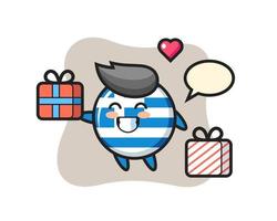Griechenland-Flagge-Abzeichen-Maskottchen-Karikatur, die das Geschenk gibt vektor