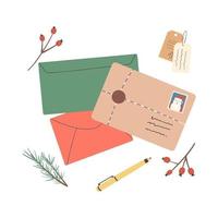 uppsättning olika julkuvert med post, porto och vykort vektor