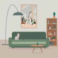 gemütliches Wohnzimmer mit Sofa, Katze, Lampe, Tisch, Topfpflanzen vektor