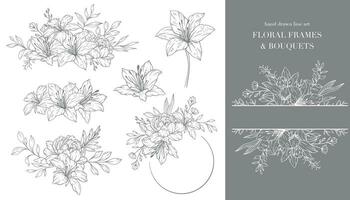 vild linje konst. blommig ramar och buketter linje konst. bra linje vild ramar hand dragen illustration. hand dragen översikt vilda blommor. botanisk färg sida. vild isolerat vektor