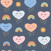 nahtlos Muster mit süß Karikatur Herzen, Regenbögen, abstrakt Sonnen, Baby drucken. Vektor Grafik.