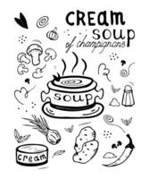 klotter champinjon grädde soppa recept med text. vektor champinjoner, potatisar, lök kryddor etc.