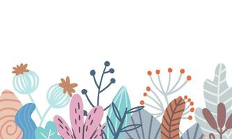 Pflanzen im eben Stil mit Raum zum Text. Wald, Garten oder Urwald Hintergrund. Laub Banner, Frühling und Sommer- Karten Design, Natur Poster. Vektor Illustration.