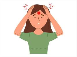 kvinna lider från huvudvärk och migrän. symptom av viral sjukdom. vektor illustration