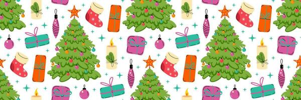 glad jul sömlös mönster. vinter- gran träd och gåvor. vektor illustration. gåva omslag.