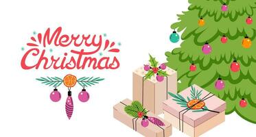 Weihnachten Netz Banner. Beschriftung und Weihnachten Baum mit Kunst Geschenke. Hintergrund Weihnachten Design. horizontal Poster, Gruß Karten, Überschriften, Webseite. Vektor Illustration.