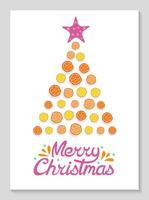 jul kort med gran träd tillverkad av mandarin. hand dragen text. kreativ ny år affisch design. vektor platt illustration.