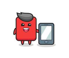 rött kort illustration tecknad som håller en smartphone vektor