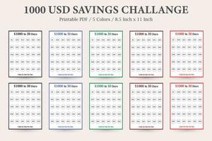 Geld Speichern Herausforderung, 30 Tage Ersparnisse Herausforderung, Geld Speichern Planer, Finanz Ersparnisse Ziel, 1 Monat Ersparnisse Plan, 1000 Dollar Ersparnisse Tracker vektor