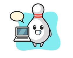 Maskottchen-Illustration von Bowling-Pin mit einem Laptop vektor