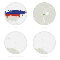 Ryssland, rwanda, helgon kitts och nevis, helgon lucia Karta kontur och nationell flagga i en cirkel. vektor