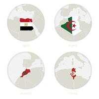 egypten, Algeriet, marocko, tunisien Karta kontur och nationell flagga i en cirkel. vektor