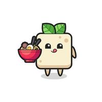süßer Tofu-Charakter, der Nudeln isst vektor