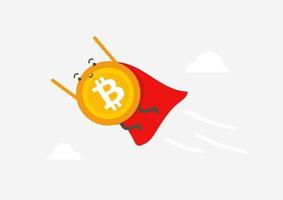 Bitcoin-Superheld fliegt durch die Wolken. vektor