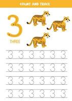 Spur Zahlen. Nummer 3 drei. süß Karikatur Tiger. vektor