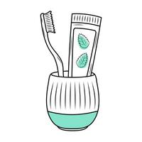 kopp med mynta tandkräm och tandborste. linjär klotter illustration med blå former. dental vård, oral hygien begrepp. vektor