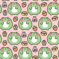 nahtlos Muster von süß Fett Frosch mit Bäckerei Symbol Hintergrund.mollig Reptil Tier Charakter Karikatur design.baby Kleidung.Herz Kekse, Cupcake, Erdbeere, Schokolade bread.kawaii.vector.illustration. vektor