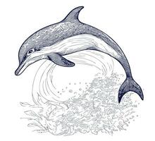 skizzieren von ein Delfin auf das Wellen, Hand gezeichnet im Gekritzel Stil Vektor Illustration