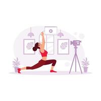 atletisk kvinna bloggare i sportkläder inspelning video medan utövar på Hem. kondition vloggers leva utsända av Träning sessioner. bloggare begrepp. trend modern vektor platt illustration