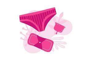 betyder av personlig hygien under menstruation. menstruations- kopp, återanvändbar vaddera, underkläder för menstruation. vektor illustration i platt stil.