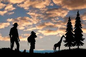 Silhouette von zwei Cowboys und Hirsch gegen Sonnenuntergang Himmel vektor