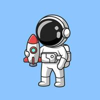 niedlicher astronaut, der mini-raketen-cartoon-vektor-symbol-illustration hält. Symbolkonzept für Wissenschaftstechnologie isolierter Premium-Vektor. flacher Cartoon-Stil vektor