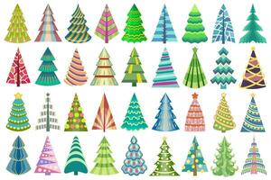 abstrakt stilisiert dekorativ Weihnachten Baum Satz. bunt, dekoriert Tannen zum Neu Jahr Fall. Vektor, künstlerisch geometrisch Weihnachten Baum Entwürfe. vektor