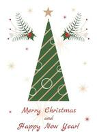 jul och ny år affisch med stiliserade platt gran träd, mistel krans, snöflingor och text hälsning. vektor illustration, inbjudan, dekorativ vykort.