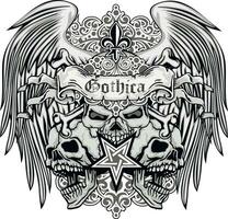 gotisk skylt med skalle och vingar, t-shirts med grunge vintage design vektor